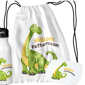 Set déjeuner pour enfants – Set scolaire dinosaure personnalisé avec sac de sport, bouteille d'eau, boîte à lunch – Cadeau de rentrée scolaire avec prénom personnalisé