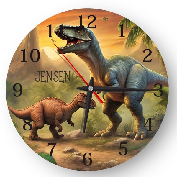 Personalisierte große und coole Dinosaurier Wanduhr für Kinder mit eigenem Namen, leiser Uhrwerk. Kinderzimmer Wanduhr, T-Rex Wanduhr