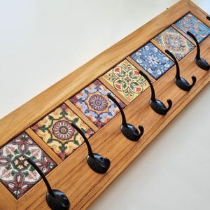 Key Holder - Coat Rack    –Solid Reclaimed Teak Wood  Durable Wall Organizer with Mexican Talavera Tiles, Entryway Key Hanger