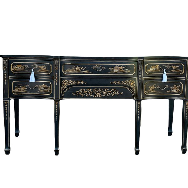 Vintage Large Scale Chinoiserie Sideboard in Black with Hand-painted detail