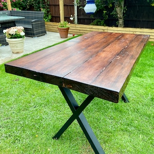 Rustic/ Farmhouse Dining Room Table Made from 60mm solid wood reclaimed Victorian timber beams & X-shaped steel legs