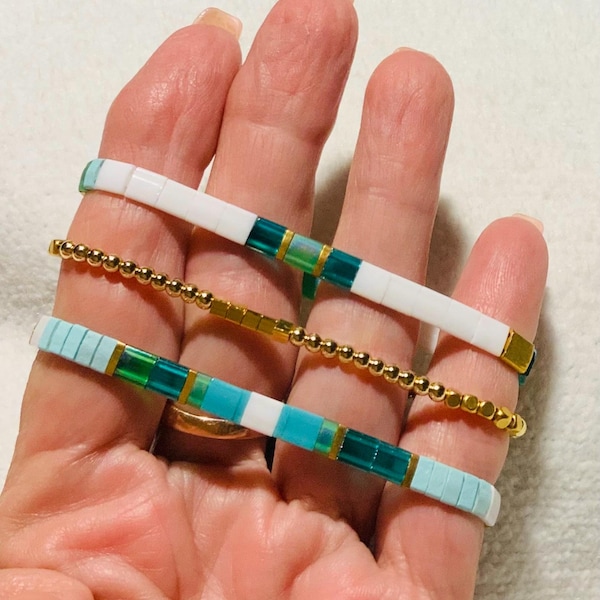 Tila tile stackable bracelets in Seafoam Sunshine and gold plate- set of three. NEW!