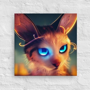 May include: Square canvas art featuring a stylized cat with large, glowing blue eyes and long, pointed ears. The cat has a light brown and white fur pattern, with golden accents around the ears and head. The artwork is set against a dark background.
