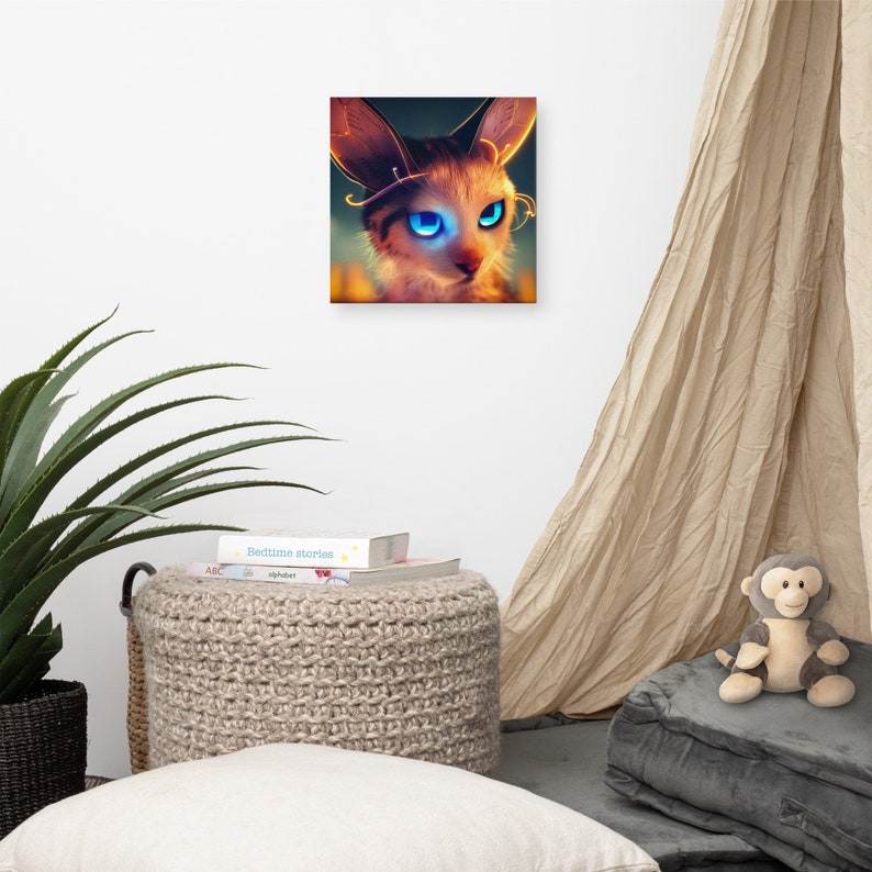 May include: Square canvas art featuring a stylized cat with large, glowing blue eyes and intricate golden accents. The cat has a light brown and white fur pattern. The artwork is displayed in a child's room setting, with a neutral color palette.