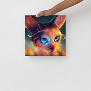 May include: Square canvas art featuring a digital illustration of a cat with glowing blue eyes and intricate, golden-yellow accents. The cat has large, stylized ears and a soft, furry appearance. The artwork is held by a hand against a white background.