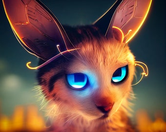 Cyberpunk Kätzchen Katze 30cm x 30cm Leinwanddruck Hängende Wandkunst