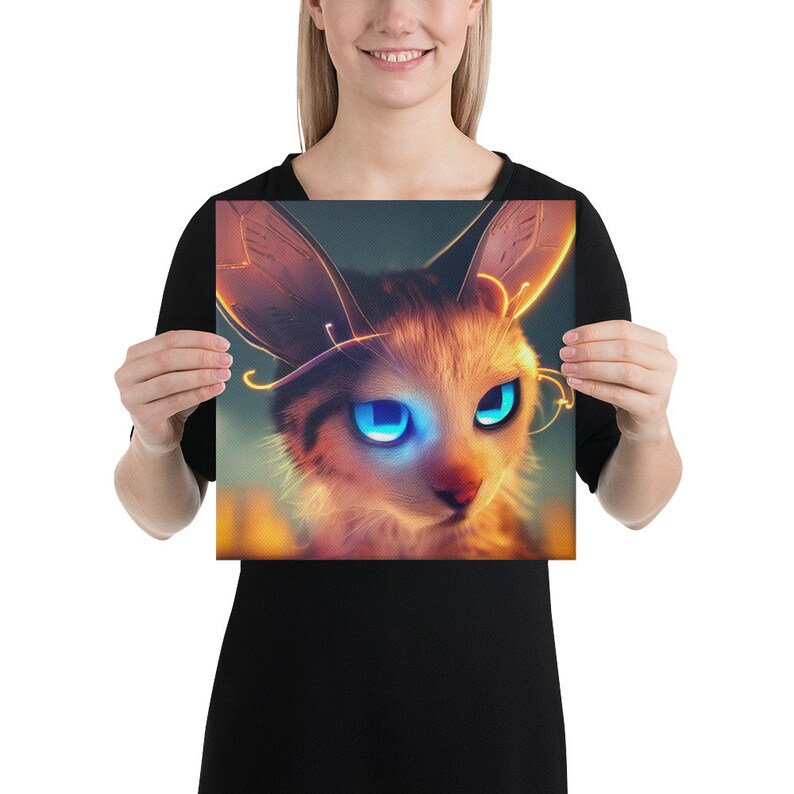 May include: Square canvas art featuring a fantasy cat with glowing blue eyes and large, stylized ears. The cat has orange and brown fur with a soft, blurred background. The artwork has a whimsical, magical theme.