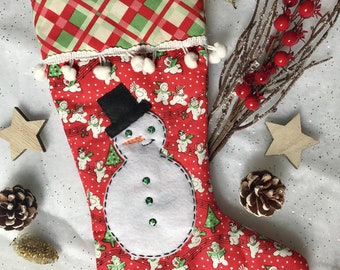 Handmade Vintage Inspired Christmas Stocking - Festive Snowmen