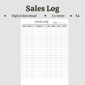 Registro de ventas / PDF imprimible Registro de ventas imprimible / Rastreador de ventas / Ventas de Etsy / Pedido en línea / Carta de EE. UU., A4