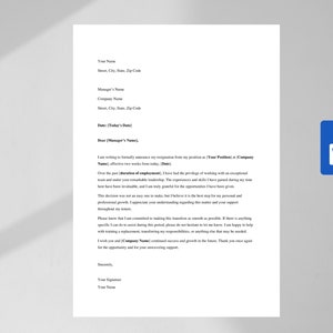 Könnte beinhalten: Eine formale Kündigungsvorlage mit professionellem Layout. Der Brief ist an einen Manager gerichtet und enthält Datum, Anrede und Schlussformel.