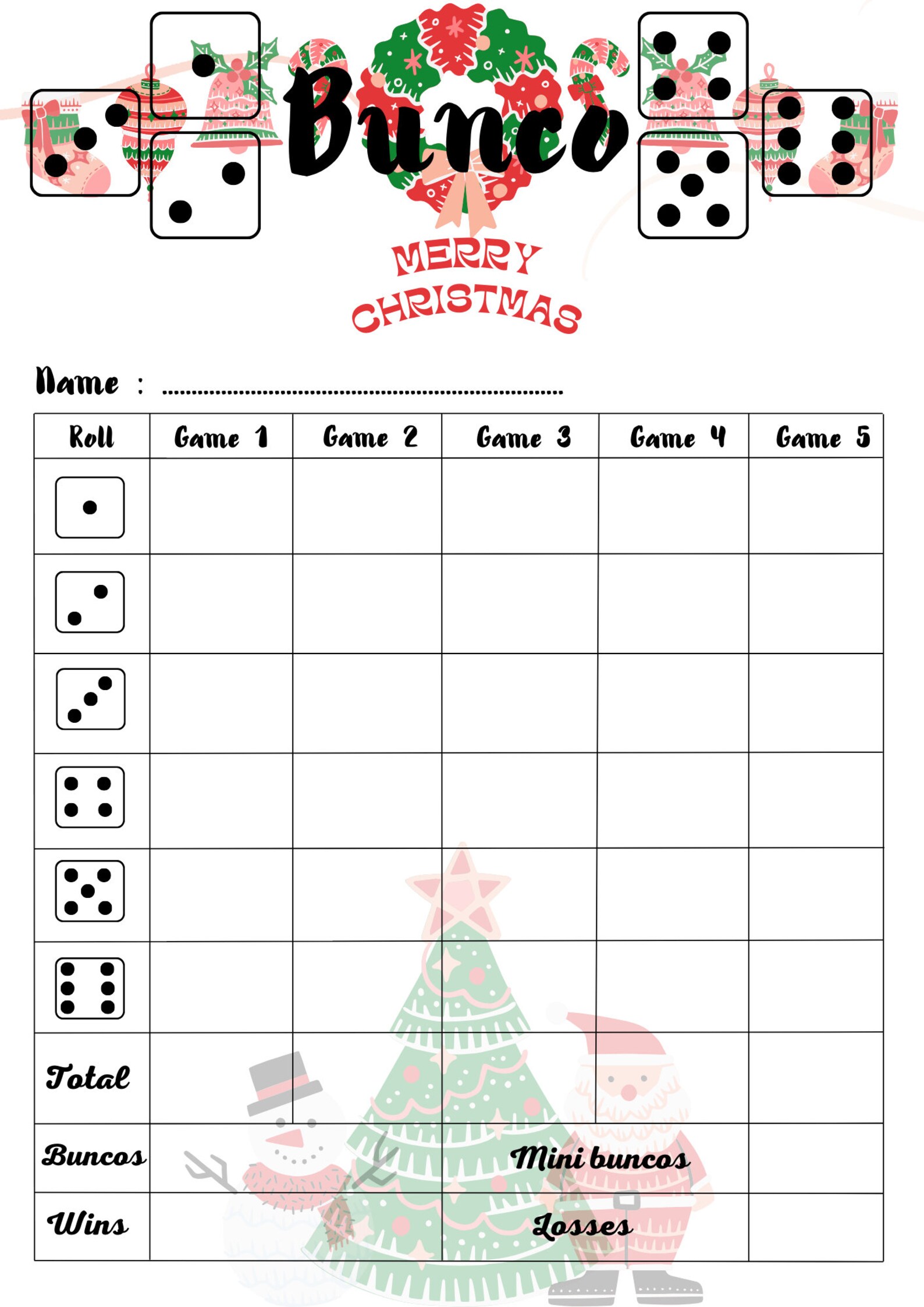 Bunco Printable Cards, Christmas Bunco Printable Cards,merry Christmas ...