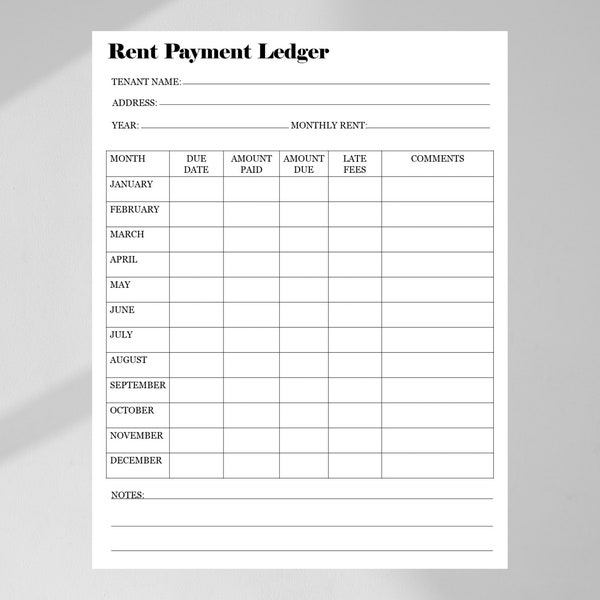 Rent Payment Ledger Printable, Monthly Rent Payment Tracker, Payment Log Rental, Payment Record, Instant Download