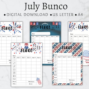 July Bunco score cards , 5 Printable Bunco Cards, Bunco Scoresheet, Fourth of July Bunco, PDF Download 8.5x11