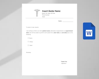 Editable Doctor Excuse Note for Work,Doctor Excuse Letter Form. School Excuse Note