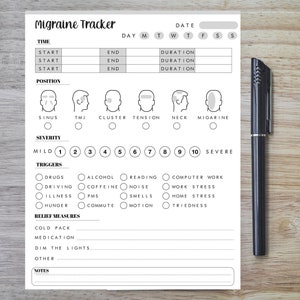 Migraine Tracker, Printable, Instant Download ,Headache Journal, Pain Symptoms Log, Medical Pain Diary