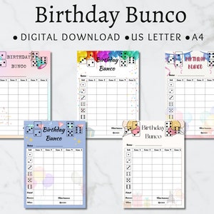 Cumpleaños Bunco, Feliz Cumpleaños Bunco, 5 Tarjetas Bunco Imprimibles, Hoja de Puntuación Bunco, Descarga PDF 8.5x11