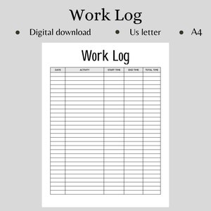 Peut inclure: Un modèle de journal de travail imprimable avec des colonnes pour la date, l'activité, l'heure de début, l'heure de fin et le temps total. Le modèle est conçu pour le papier au format A4.