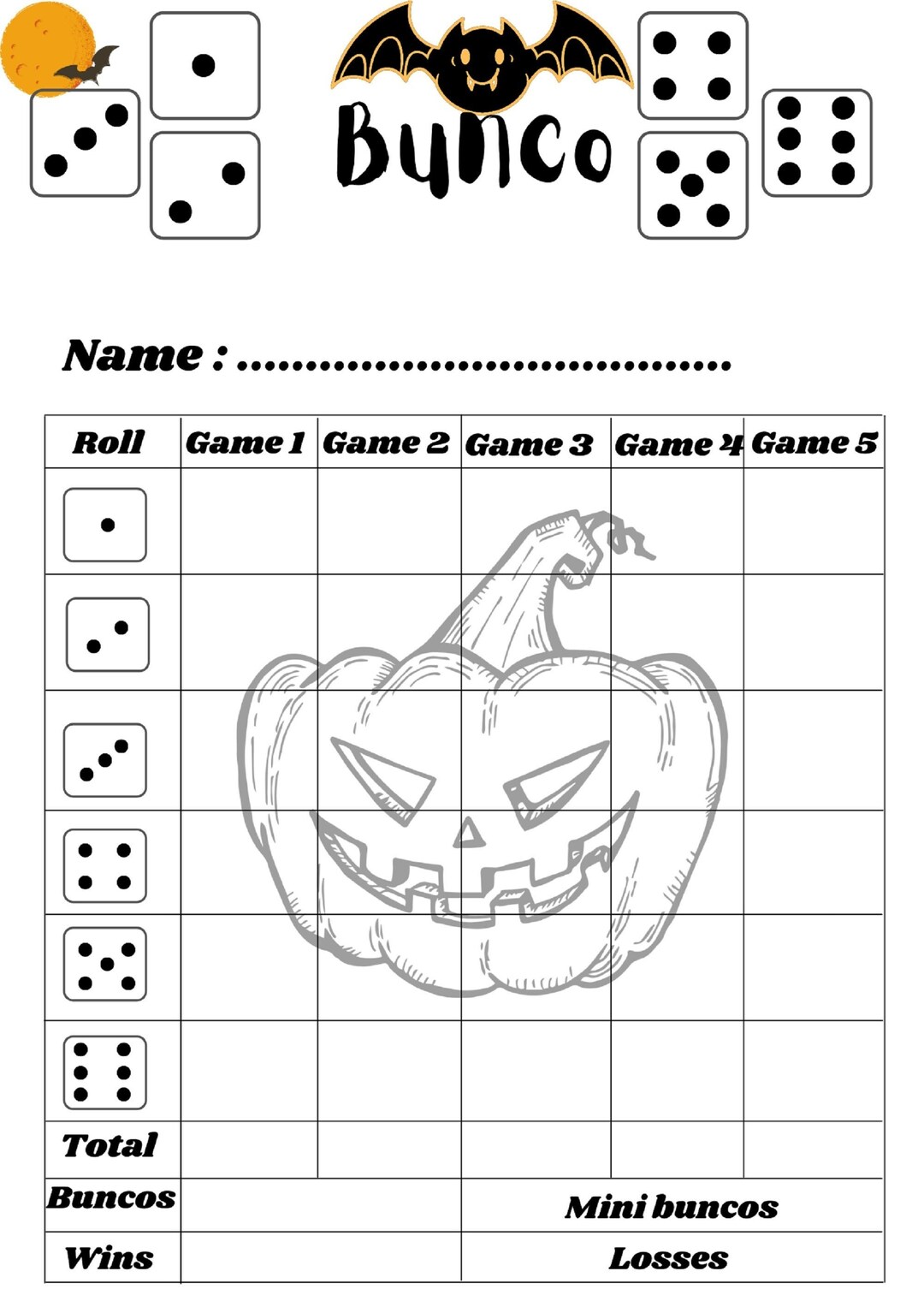Bunco Printable Cards Halloween Bunco Printable Cards Etsy
