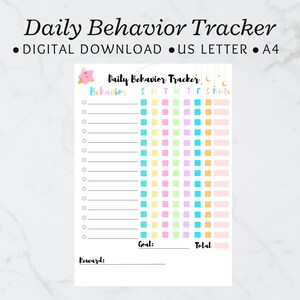 Peut inclure: Un suivi comportemental quotidien imprimable avec un design coloré. Le suivi comprend une section pour lister les comportements, une grille pour suivre les progrès quotidiens et des sections pour les objectifs, les récompenses et un décompte total.
