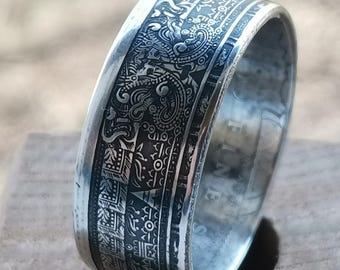 Aztec Mayan Calendar Silver Coin Ring Unique Aztec sun calendar Mayan jewelry Handmade  Custom Ring Gift For Friend For Him Her Best Seller
