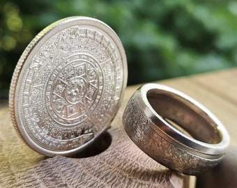 Aztec Calendar Silver 1/4oz Coin Ring / Unique Personalized Custom Handmade Vintage Elegant Statement Boho Best Seller Woman Man Coin Ring