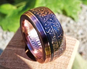 Aztec Mayan Calendar Copper Coin Ring Unique Aztec sun calendar Mayan jewelry Handmade  Custom Ring Gift For Friend For Him Her Best Seller
