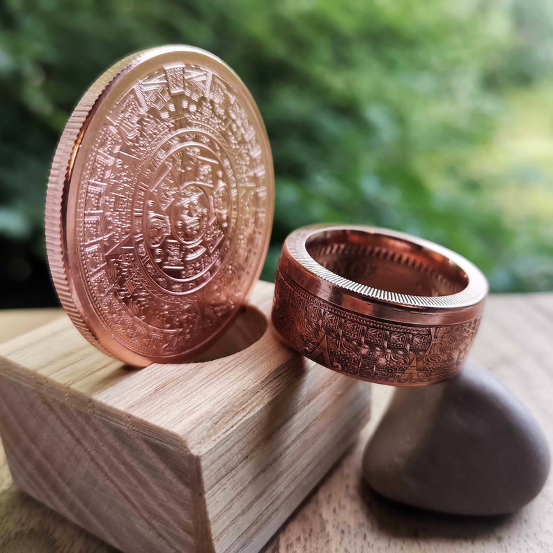 Aztec Mayan Calendar Copper Coin Ring Jewelry // Unique Handmade Aztec