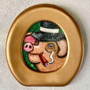 Pintura original del retrato del asiento del inodoro enmarcado de Big Pig