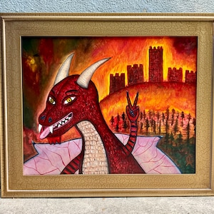 Original Peace Dragon fantasy framed oil portrait