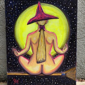 Original Witch Full Moon Meditation gouache portrait painting