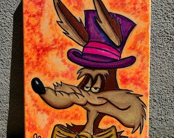 May include: A hand-painted canvas featuring a cartoon coyote wearing a purple top hat with a pink band and a gold bow tie. The background is a vibrant orange with a splatter effect.