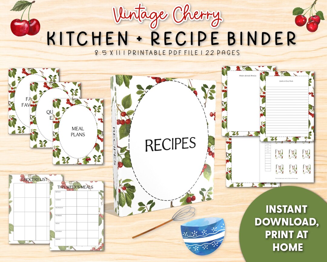 Printable Recipe Binder (vintage Cherries) | PDF Kitchen Binder to Print - Etsy