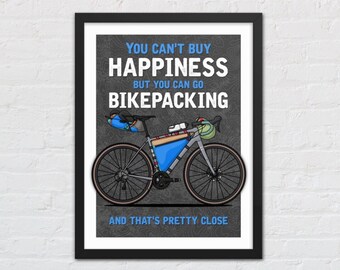 Happiness Bikepacking Poster | Cycling Print | Bicycle Wall Art, Bicycling Gift for Cyclists & Bikepackers