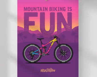 Mountain Biking is Fun Poster | Cycling Print | Bicycle Wall Art, Bicycling Gift for Cyclists