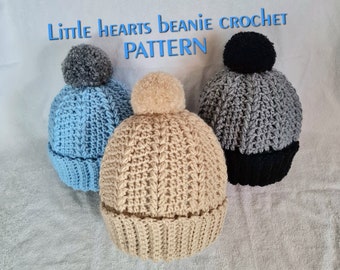 Häkelmütze Muster, Digitaler DOWNLOAD, Wintermütze für Erwachsene, Mütze für Kind, Babymütze, Strickmütze, Little Hearts Mütze, US AGB