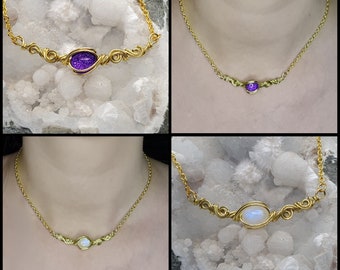 Elegant MOONSTONE / Glass Stone Necklace. Swirly Gold Jewelry With Crystals. Anniversary Gift. Gift For Her. Unique Gifts