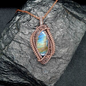 Elven pendant with labradorite, antique copper wire wrapped necklace.