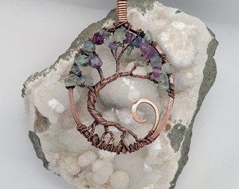 FLOURITE NECKLACE, TREE Of Life Pendant, Antique Copper Heady Pendant With Rainbow Flourite Chips, Aesthetic Tree Of Life Jewelry