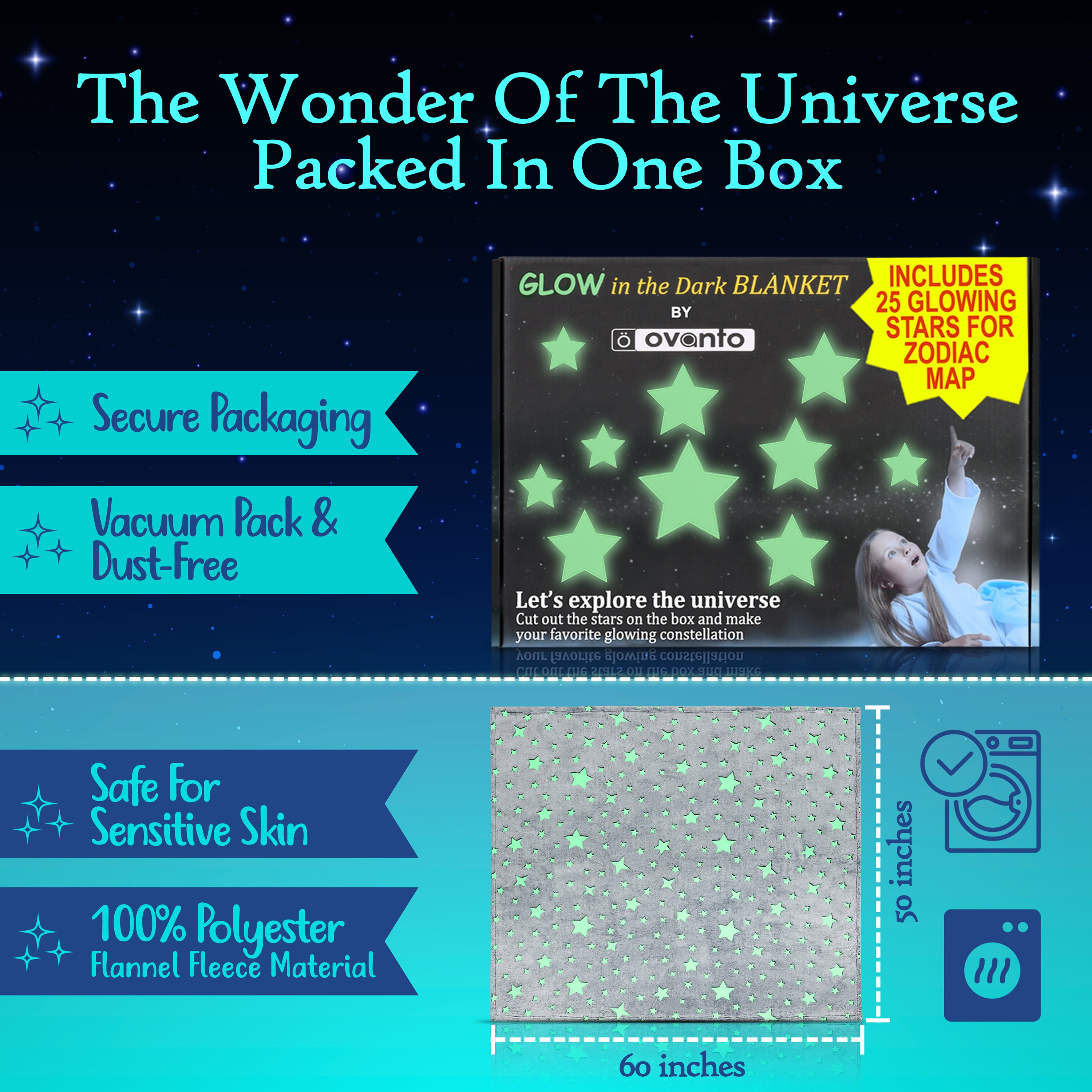 Glow in the Dark Blanket 50 X 60 Inches Rechargeable Kids Blankets and