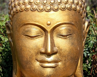 Golden Buddha Head Statue - 50" Recycled Volcanic Stone, Outdoor Decor, Crafted in Java - PREORDER