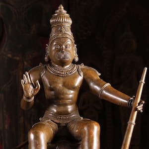 Bronze Hanuman Statue: Abhaya Mudra, Gada Club - South Indian Art, 24&quot;