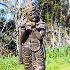 Stone Standing Gopal Krishna Sculpture Playing the Flute Hand Carved in Java 48"