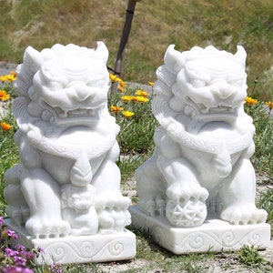 Exquisite White Marble Foo Dog Statues Pair - 24