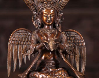 Brass Nagakanya Serpent Goddess Statue Copper 13” | Hindu Spiritual Décor | Lotus Sculpture