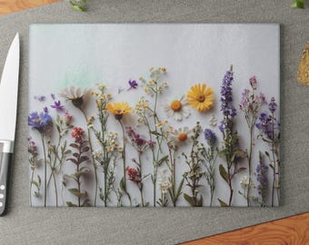 Wildflowers Glass Cutting Board, Botanical Kitchen Decor, Cottagecore Serving Tray