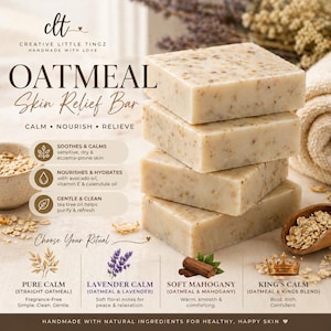 May include: A stack of four oatmeal skin relief bars. The bars are rectangular, light beige, and speckled with oats. Text on the image reads "Oatmeal Skin Relief Bar" and highlights benefits like soothing, nourishing, and gentle cleansing. The image also shows different scent options.