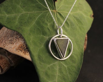 Forest Green Sea Glass Triangle set in Fine Silver Loop Pendant