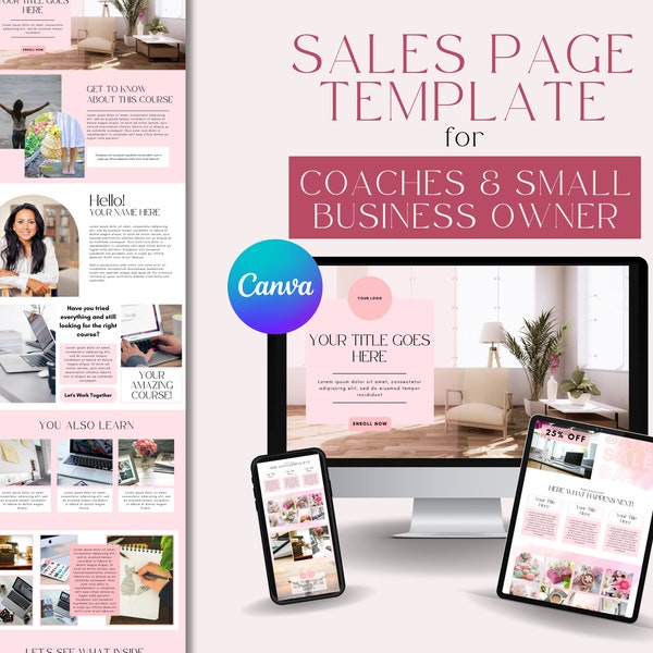 Online Course Sales Page, Coaching Template for Course Creators, Canva Sales Page, Pink Sales Page Template, Canva Website Template, Pink