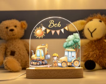 Personalisiertes LED Nachtlicht Baustelle mit Name, Kinderzimmer Lampe aus Acryl, Bagger Geschenk für Jungen, Baustellen Deko Babyzimmer