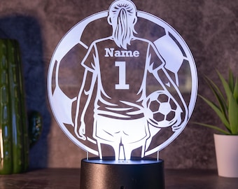 Personalisierte Fußballer Lampe für Mädchen mit Name, LED Nachtlicht, Geschenk für Fußballerin, Fußball Deko Kinderzimmer